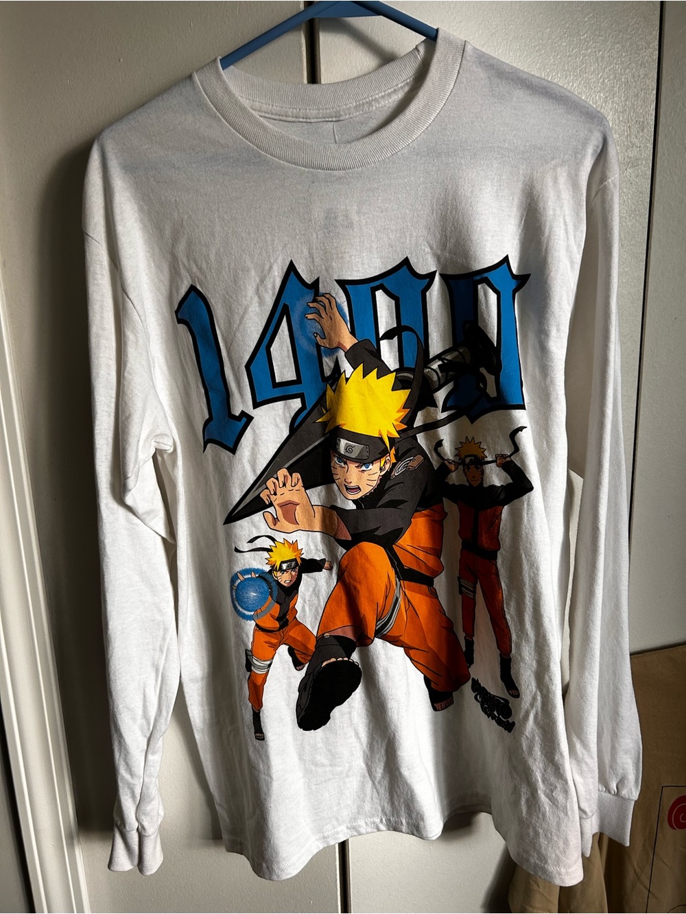 Naruto Graphic Long Sleeve Tee — White with Orange & Blue Print